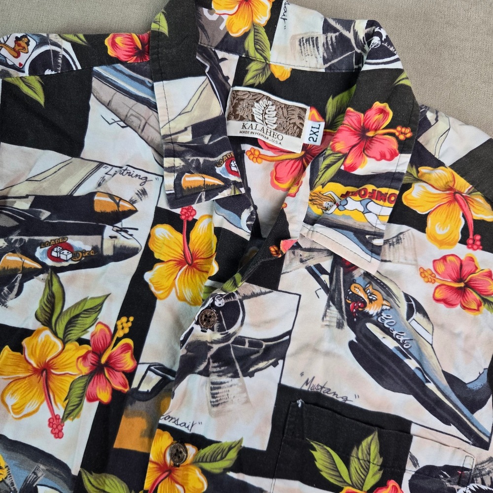 Kalaheo Mens 2XL WWII Fighter Planes Hibiscus Hawaiian Shirt Made in USA Black